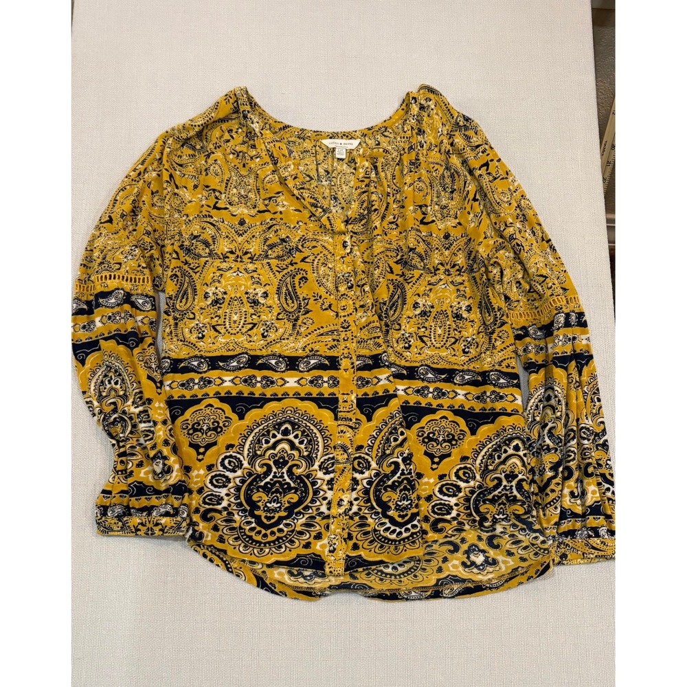 Lucky Brand Blouse Women L Yellow Good Paisley Boho Long Sleeve Split Neck